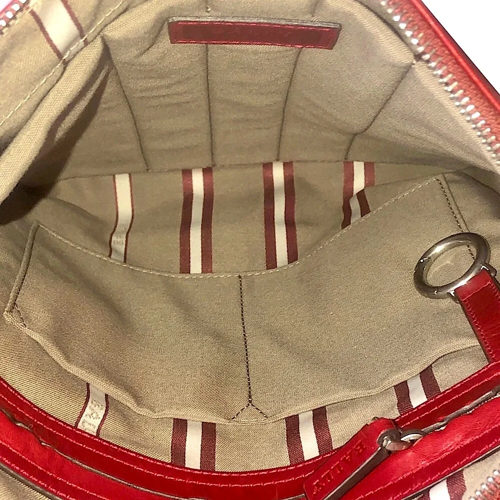 BALLY Red Leather Top Zip Messenger Shoulder Bag w/ Red White Striped Strap